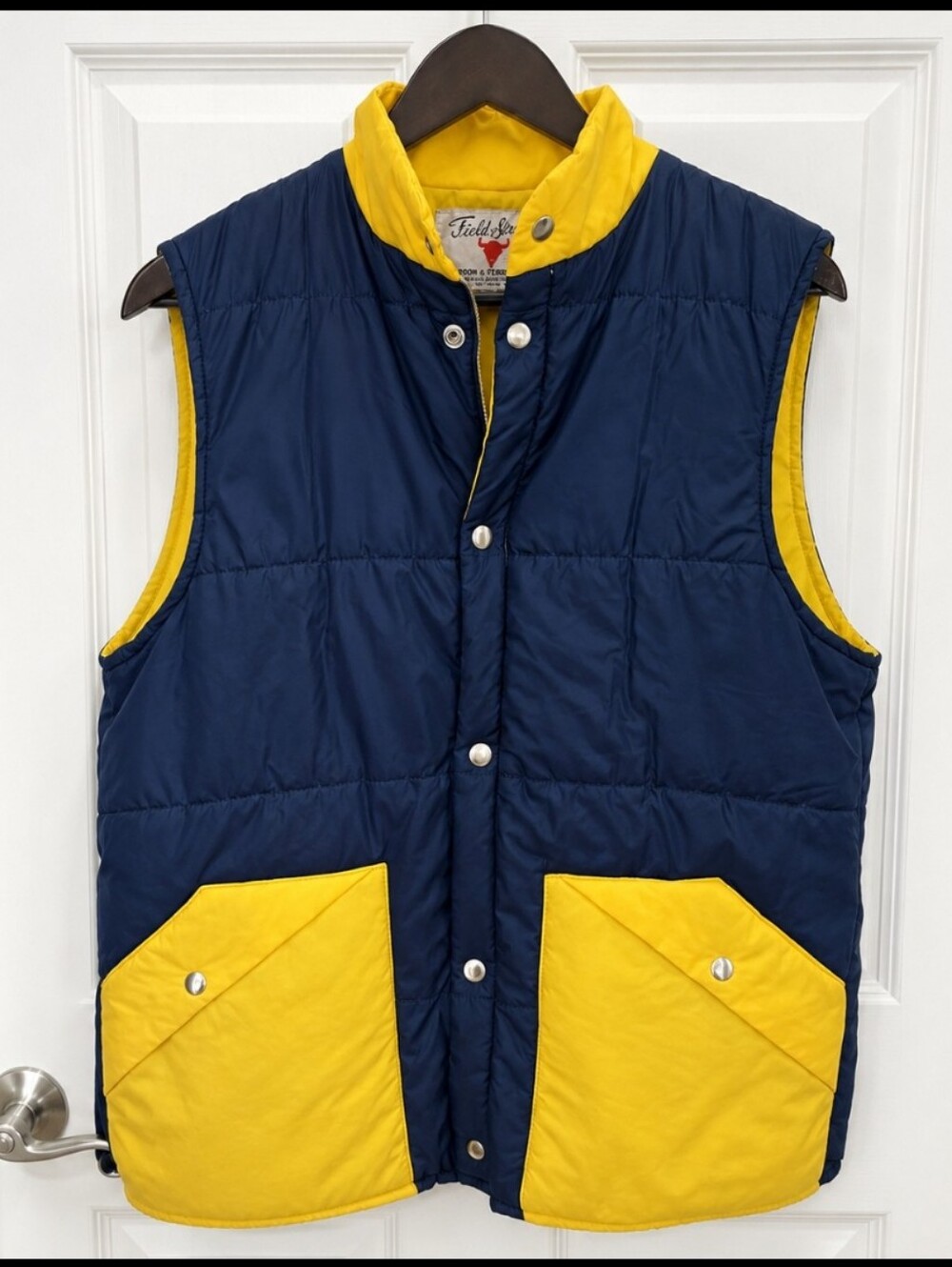 Vintage Field & Stream Gordon & Ferguson Quilted Puffer Vest Blue Yellow Sz Med